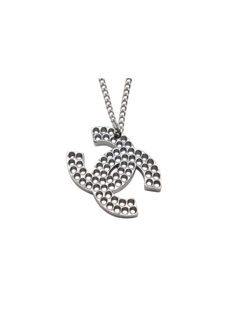 Chanel CC Logo Perforated Necklace Metal Silver